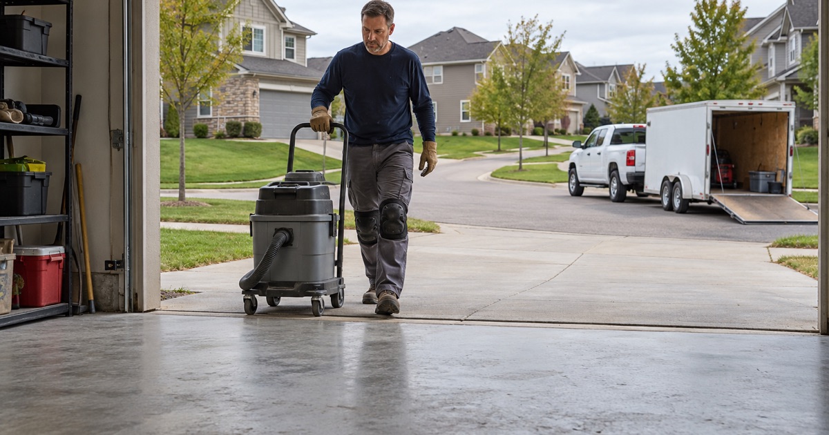 A floor crew member rolling a dust extractor up the driveway of a West Des Moines home on the first morning of a garage floor job.