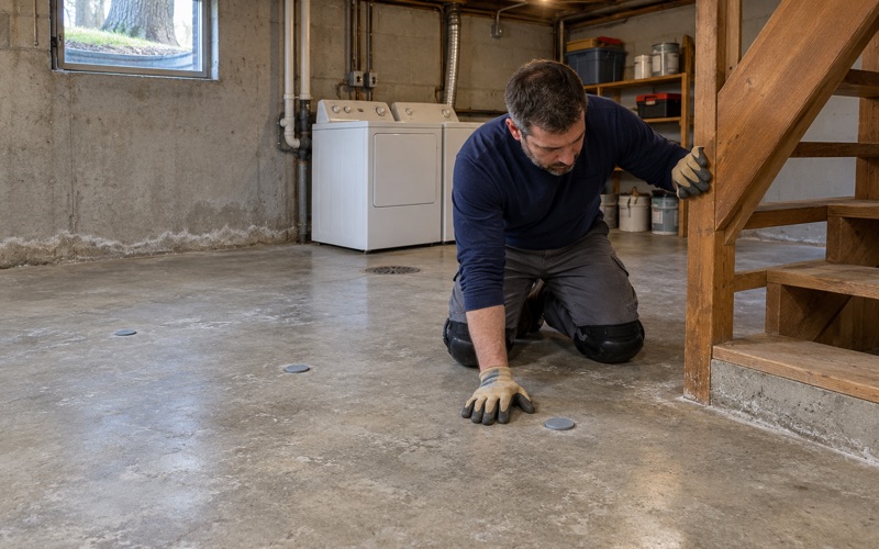 Moisture probes set into a bare basement slab in an older West Des Moines ranch house, read before any coating is chosen.