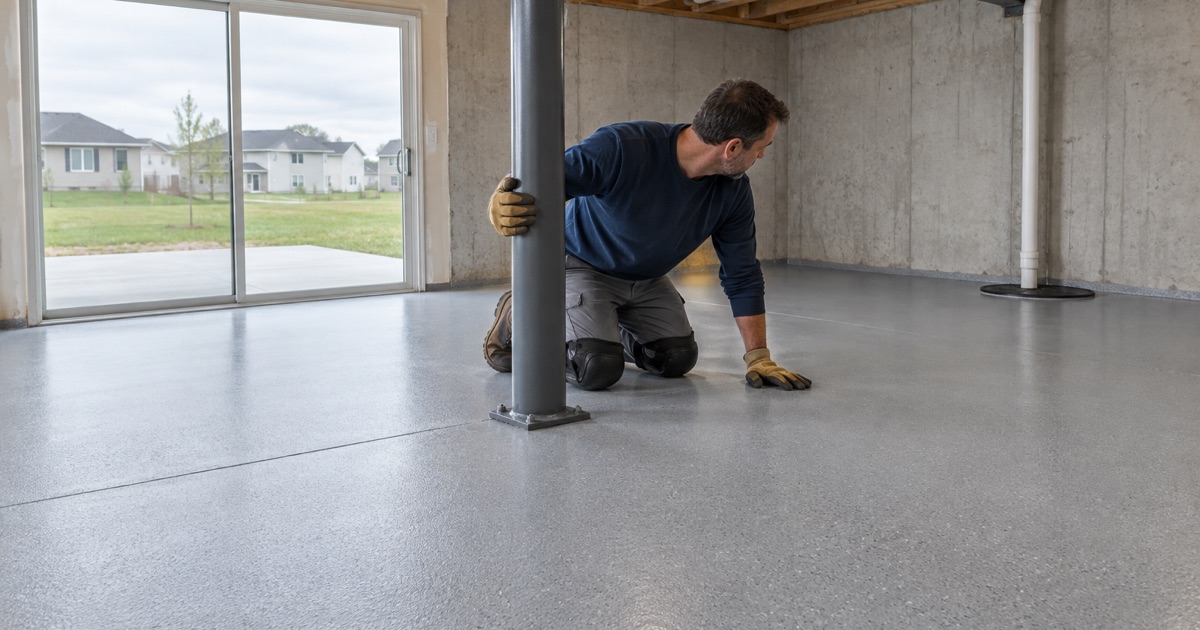 A newly coated walkout lower level in West Des Moines, left unfinished so the floor could be done before any walls go up.