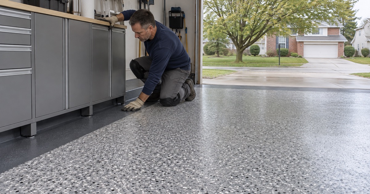 A light gray flake garage floor framed by a solid charcoal border band along the walls of a West Des Moines garage.