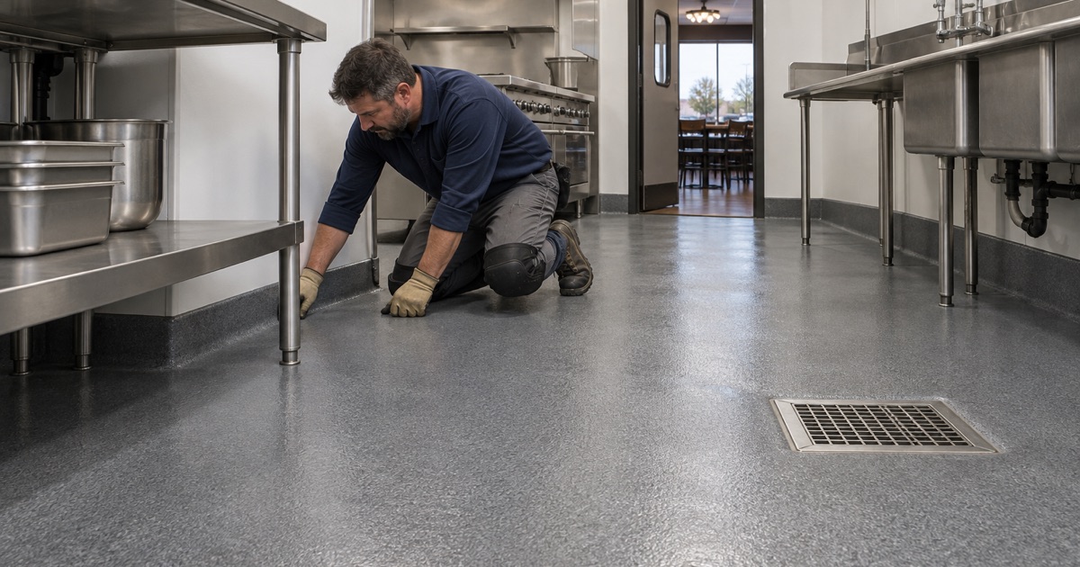 A textured urethane cement kitchen floor with an integral coved base in a West Des Moines restaurant, drying after the close.