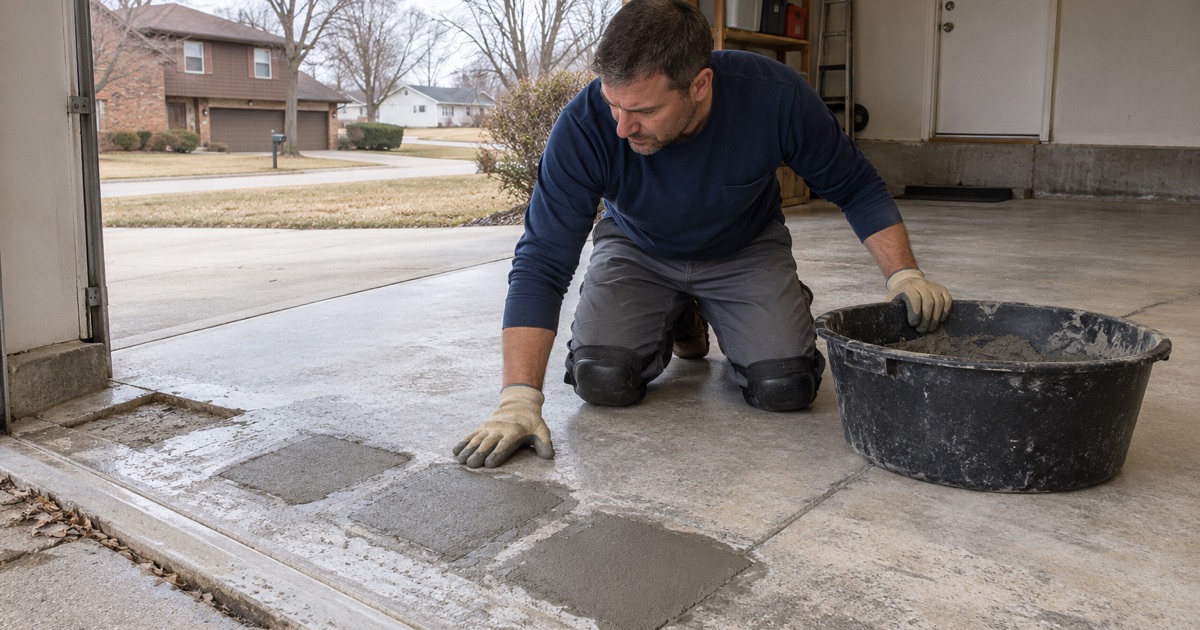 Salt-scaled spalls at the front edge of a West Des Moines garage slab cut back and patched level before the floor is coated.