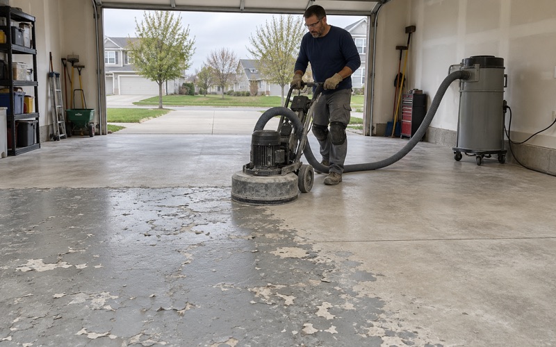 A diamond grinder taking a peeling store-bought garage coating down to bare concrete in a West Des Moines garage.