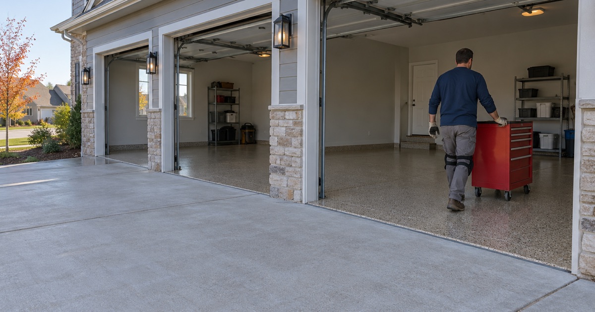 A rolling tool chest wheeled back into the third bay of a finished flake garage floor at a newer West Des Moines house.