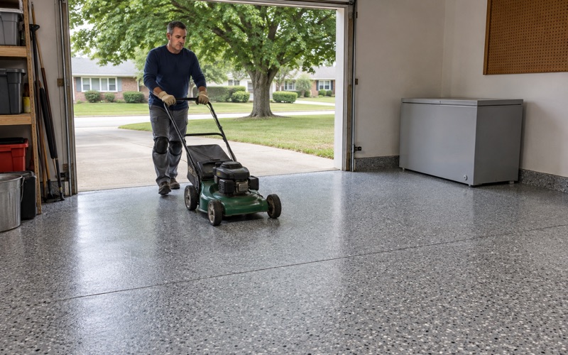A push mower rolled back onto a finished gray flake epoxy garage floor at a 1970s ranch house in West Des Moines.