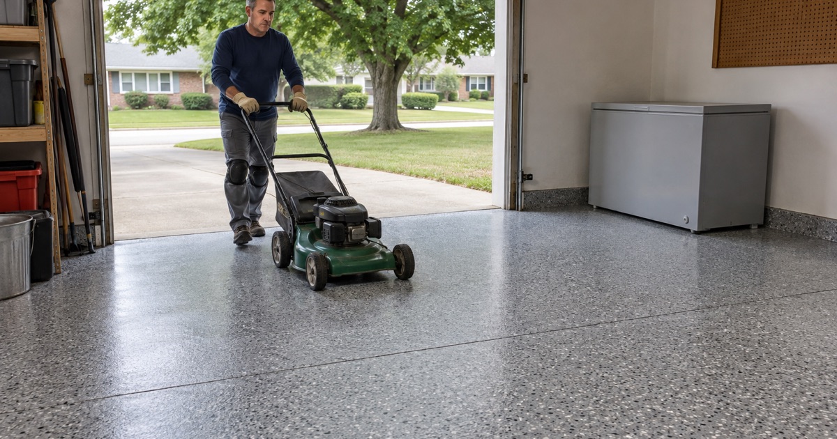 A push mower rolled back onto a finished gray flake epoxy garage floor at a 1970s ranch house in West Des Moines.