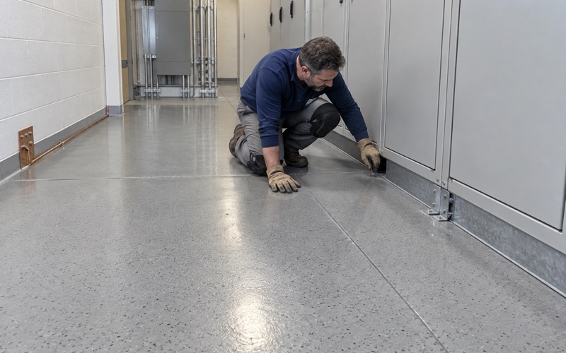 A static-dissipative floor in the electrical room of a West Des Moines data-center building, its grounding strip running to the wall.