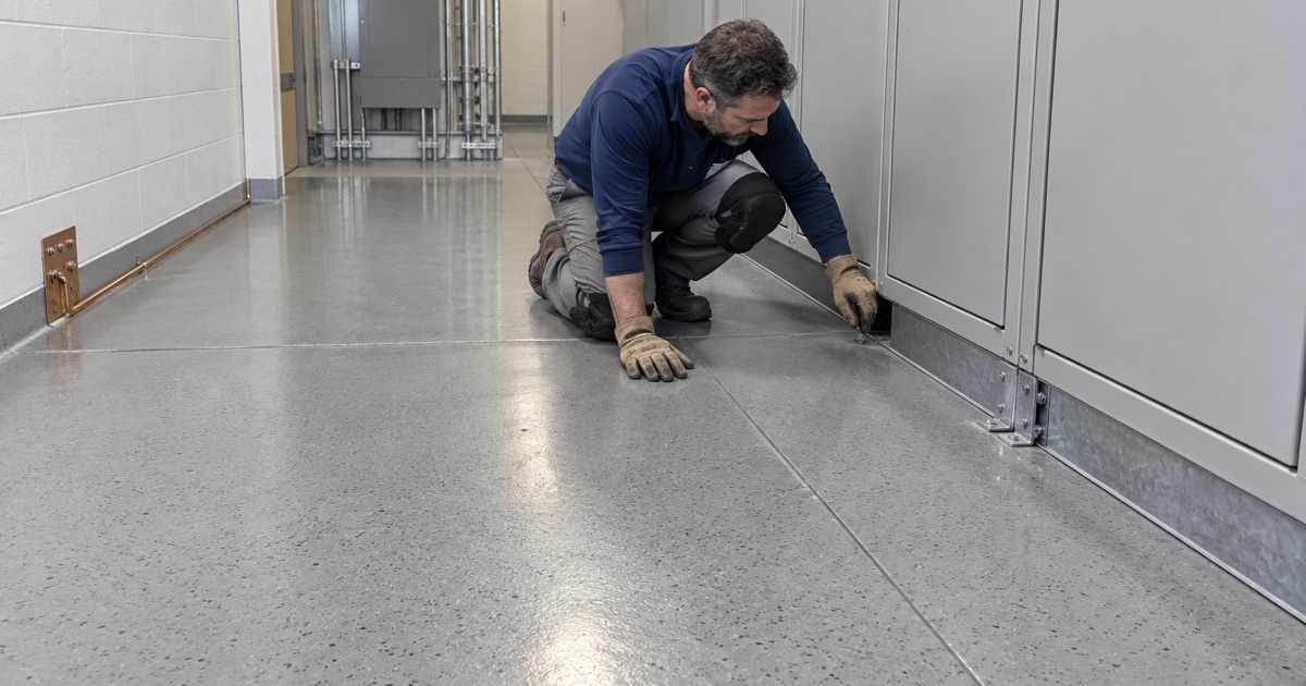 A static-dissipative floor in the electrical room of a West Des Moines data-center building, its grounding strip running to the wall.