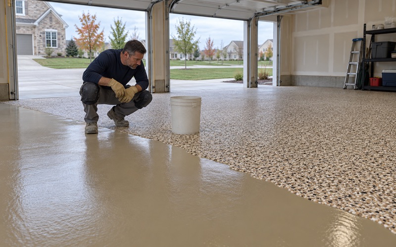A dense cream, tan and brown flake broadcast settled across half of a West Des Moines garage floor, the base coat still showing beyond it.