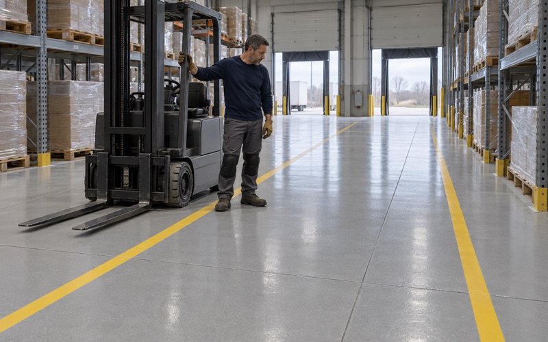 A high-build epoxy floor in a West Des Moines tilt-up warehouse, a parked forklift beside its marked traffic lane.
