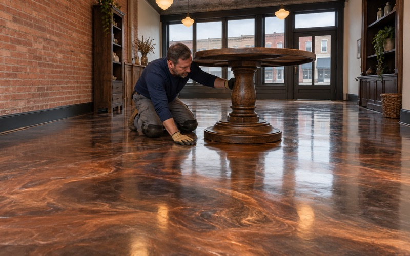 A copper, bronze and charcoal metallic epoxy floor in an old brick storefront boutique in Valley Junction, West Des Moines.