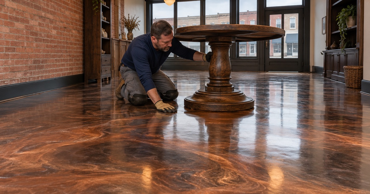 A copper, bronze and charcoal metallic epoxy floor in an old brick storefront boutique in Valley Junction, West Des Moines.