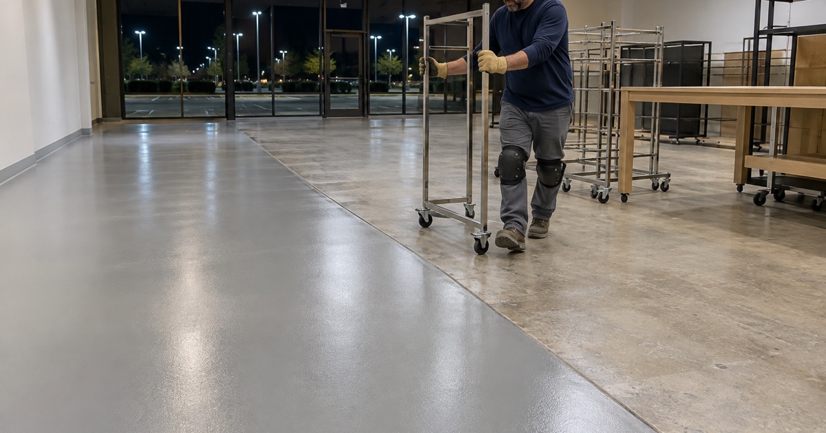 One section of a West Des Moines store floor recoated overnight, the display fixtures rolled aside before the morning opening.