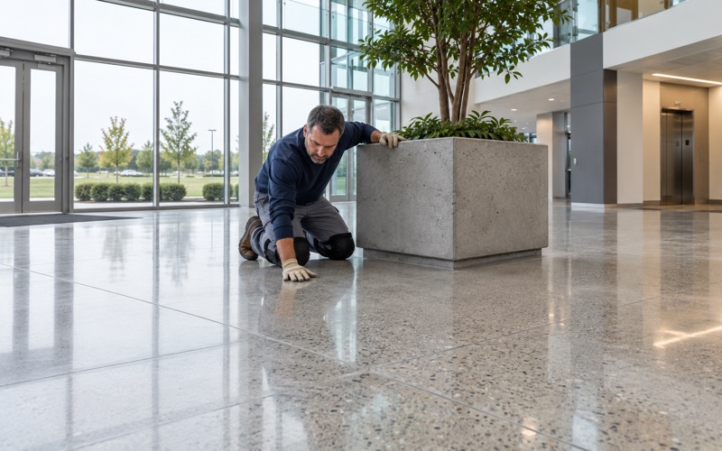 A polished concrete floor with salt-and-pepper aggregate in the atrium of a West Des Moines corporate office building.