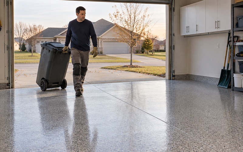 A trash cart rolled back into a West Des Moines garage the same day its polyaspartic flake floor went down.